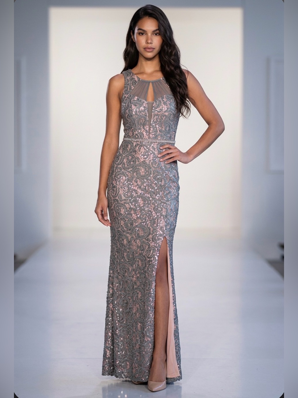 Jodi Kristopher Elegant Lace Full Length Gown Gray Open Back Size 3 Prom Dress